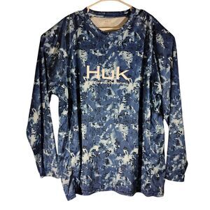 Huk fishing tshirt mens 3XL XXXL blue aqua all over long sleeve camo performance